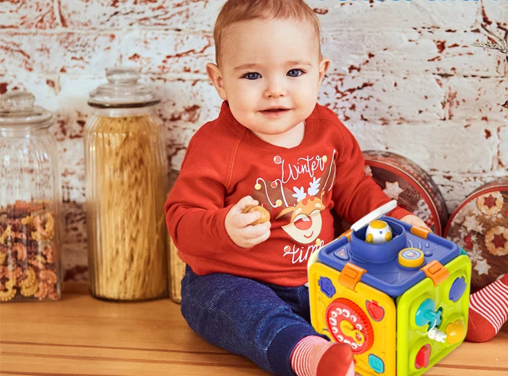Cubo de atividade de aprendizagem 6 em 1 para bebês, placa ocupada, brinquedos sensoriais montessori com música e luzes para meninos e meninas, brinquedos educativos para crianças pequenas