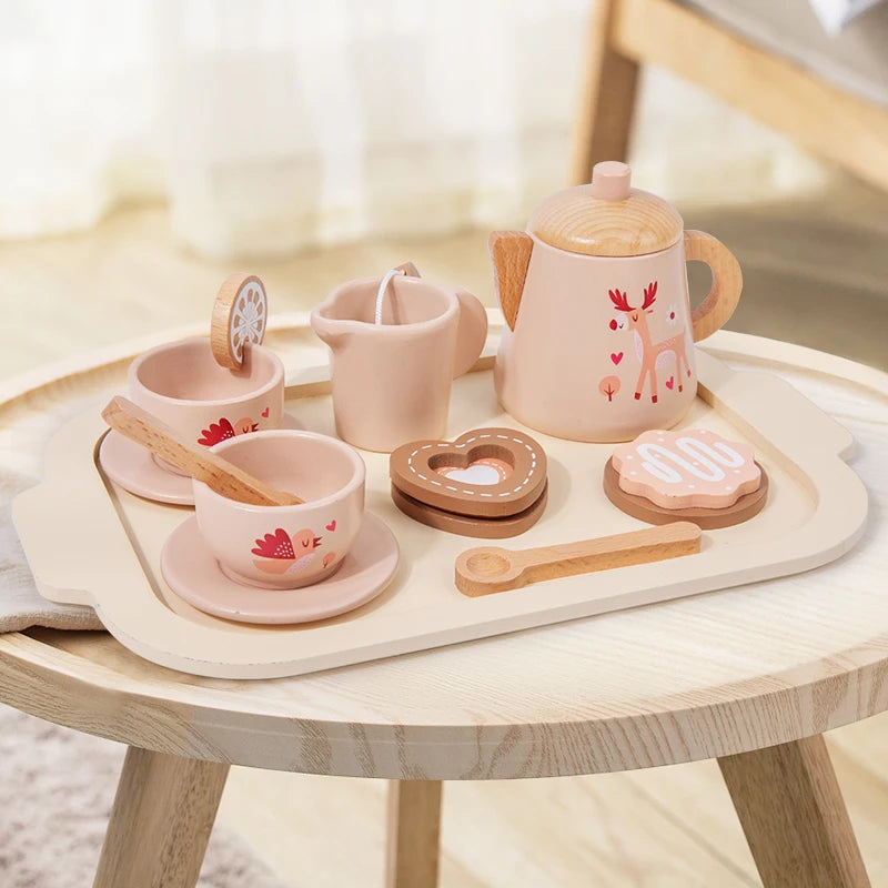 Conjunto de chá da tarde brinquedo de madeira fingir jogar comida aprendizagem role play jogo cedo brinquedos educativos para crianças meninas meninos crianças presentes