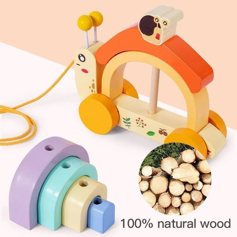 Brinquedo de madeira do carro do caracol para crianças, Jogos Montessori, Desenhos Animados, Educação, Arco-íris, Bebê