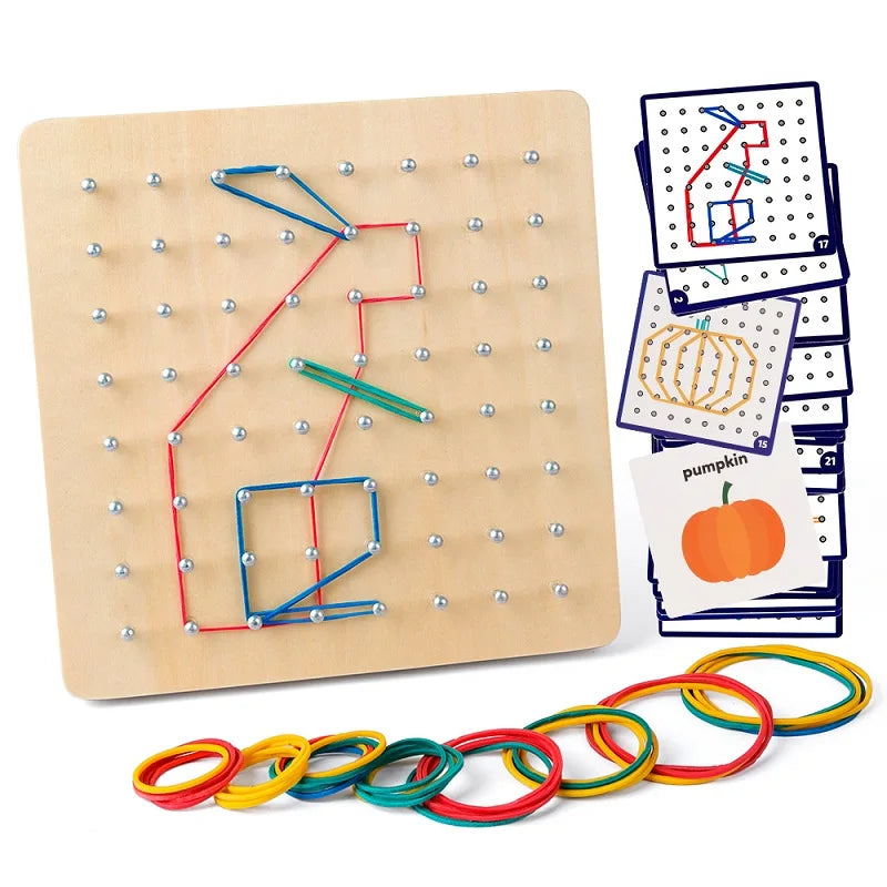 Geoplano Montessori de Madeira com Elásticos e Cartas