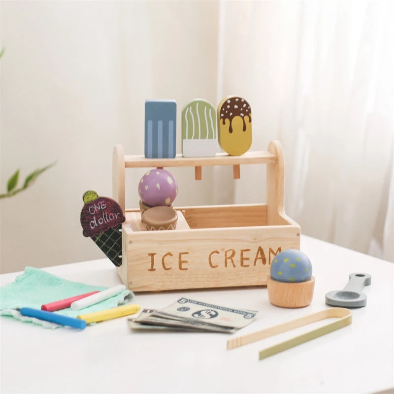 Brinquedos de sorvete de madeira para crianças, Pretend Play Simulation, Cone de sorvete Montessori, Brinquedos de cozinha, Presentes educativos pré-escolares