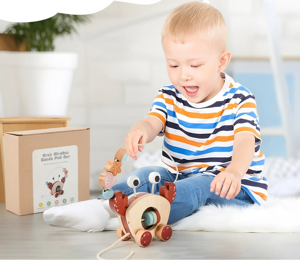 Montessori caranguejo de madeira arrastar brinquedos educação brinquedos para crianças multi-função contas habilidades de vida básica brinquedos bloco de madeira brinquedos do bebê presente