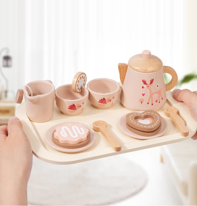 Conjunto de chá da tarde brinquedo de madeira fingir jogar comida aprendizagem role play jogo cedo brinquedos educativos para crianças meninas meninos crianças presentes