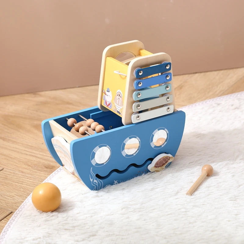 Navio Musical de Madeira Brinquedo Montessori 5 em 1