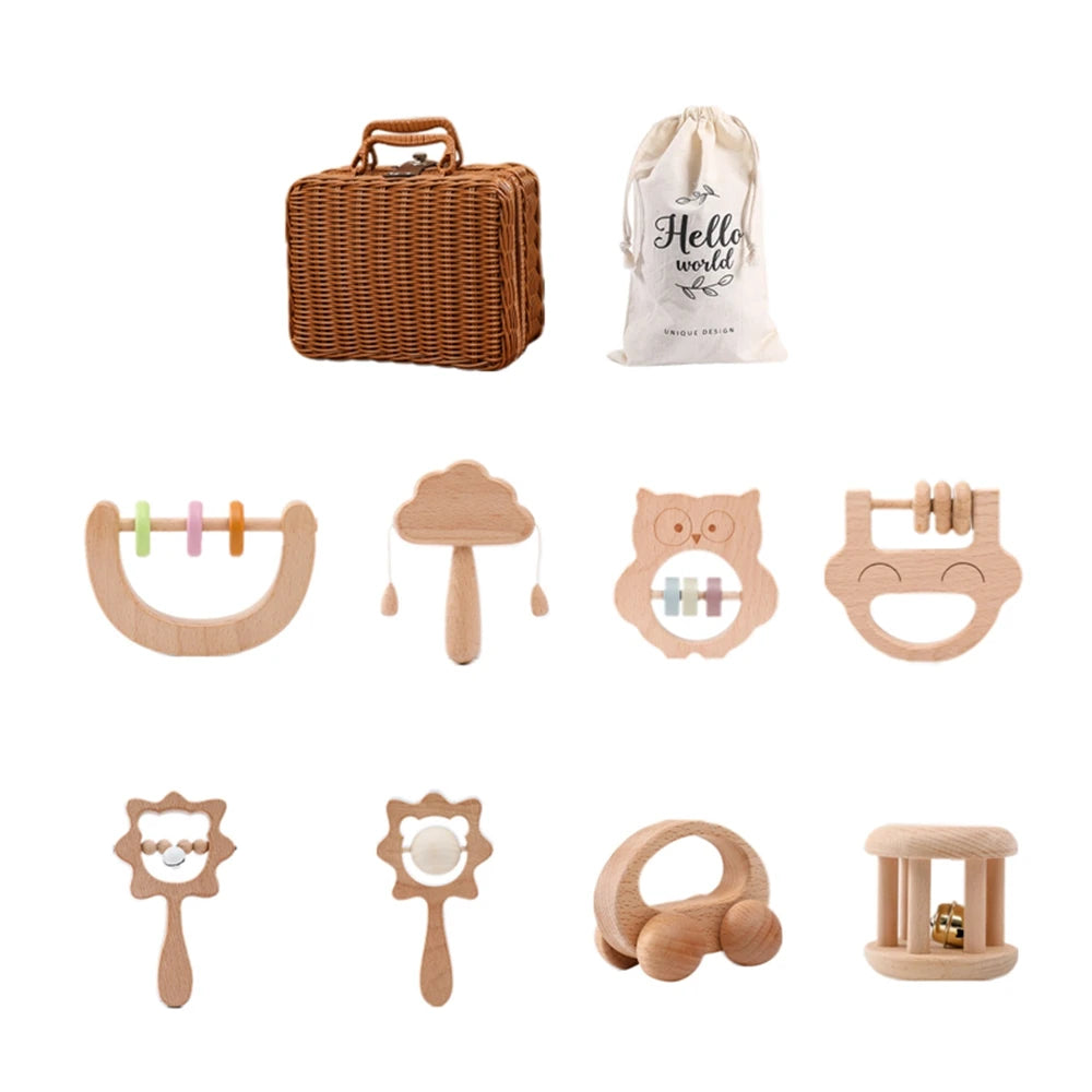 Kit Brinquedos Montessorianos de Madeira para Bebês na Cesta