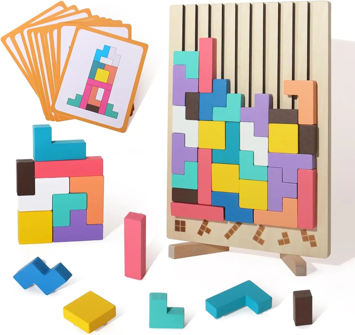 Blocos de Madeira Educativos 3D - Desafios Mentais Infantis Tetris