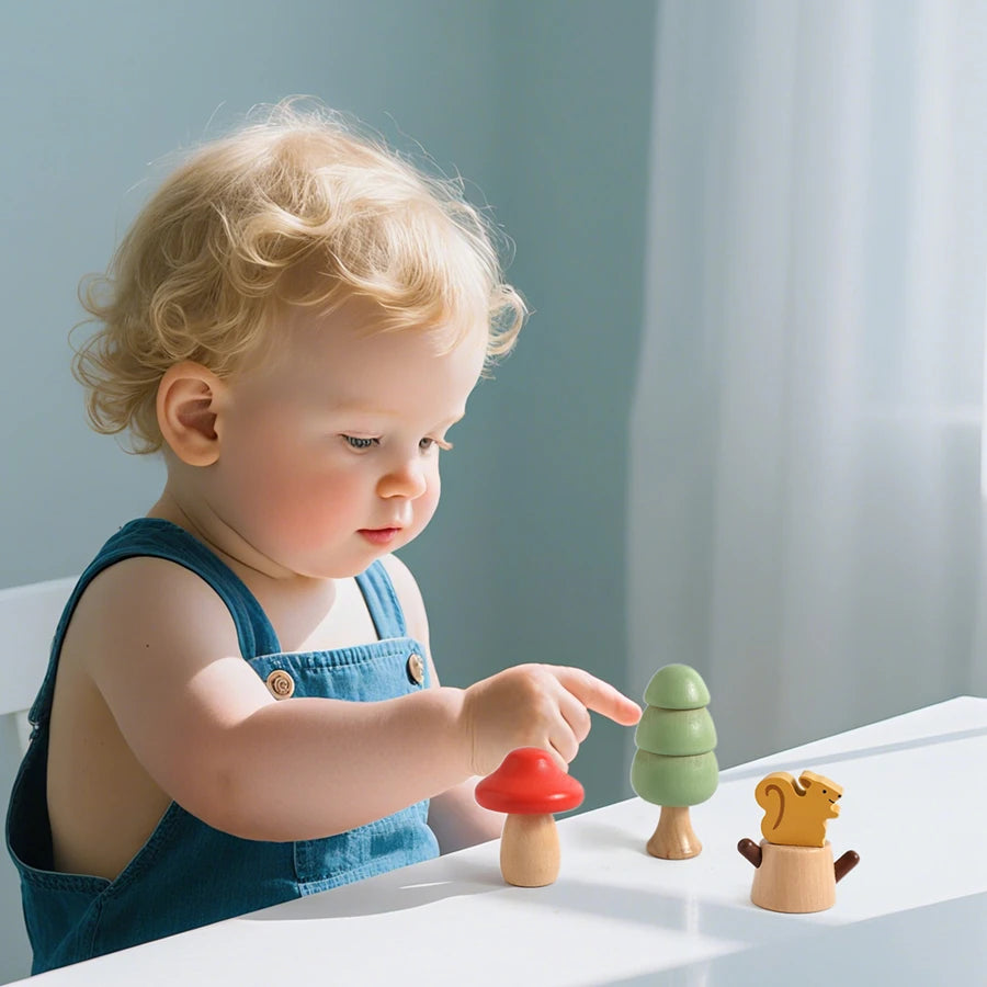 Bebê montessori brinquedos de madeira dos desenhos animados floresta, cogumelo, esquilo rotação parafuso brinquedo brinquedos para crianças dedo precoce movimento fino