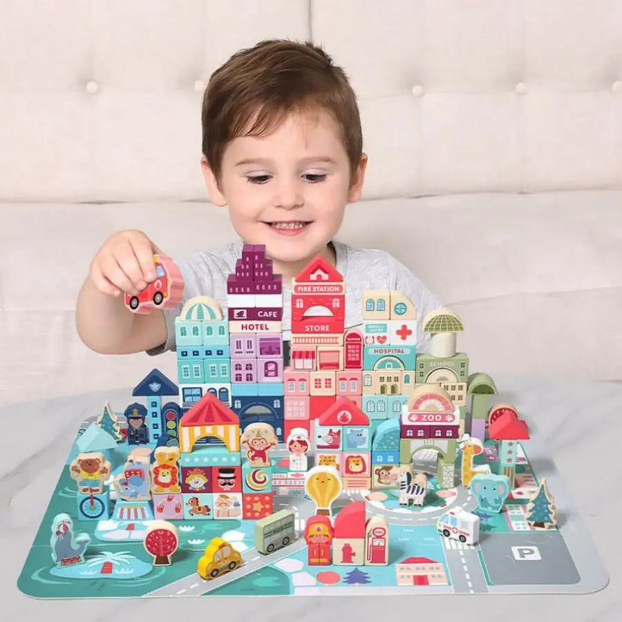 Blocos de Construção Montessori de Cidade Carros em Madeira