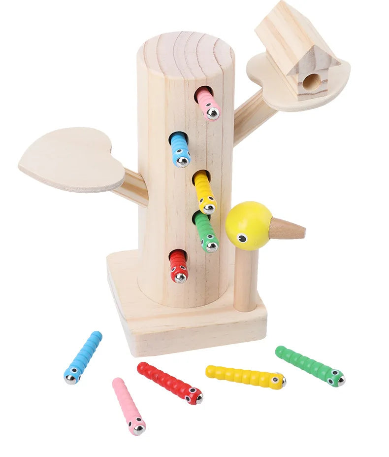 Brinquedo Educativo de Madeira Pega Minhoca com Imã – Coordenação Motora e Aprendizado Montessori