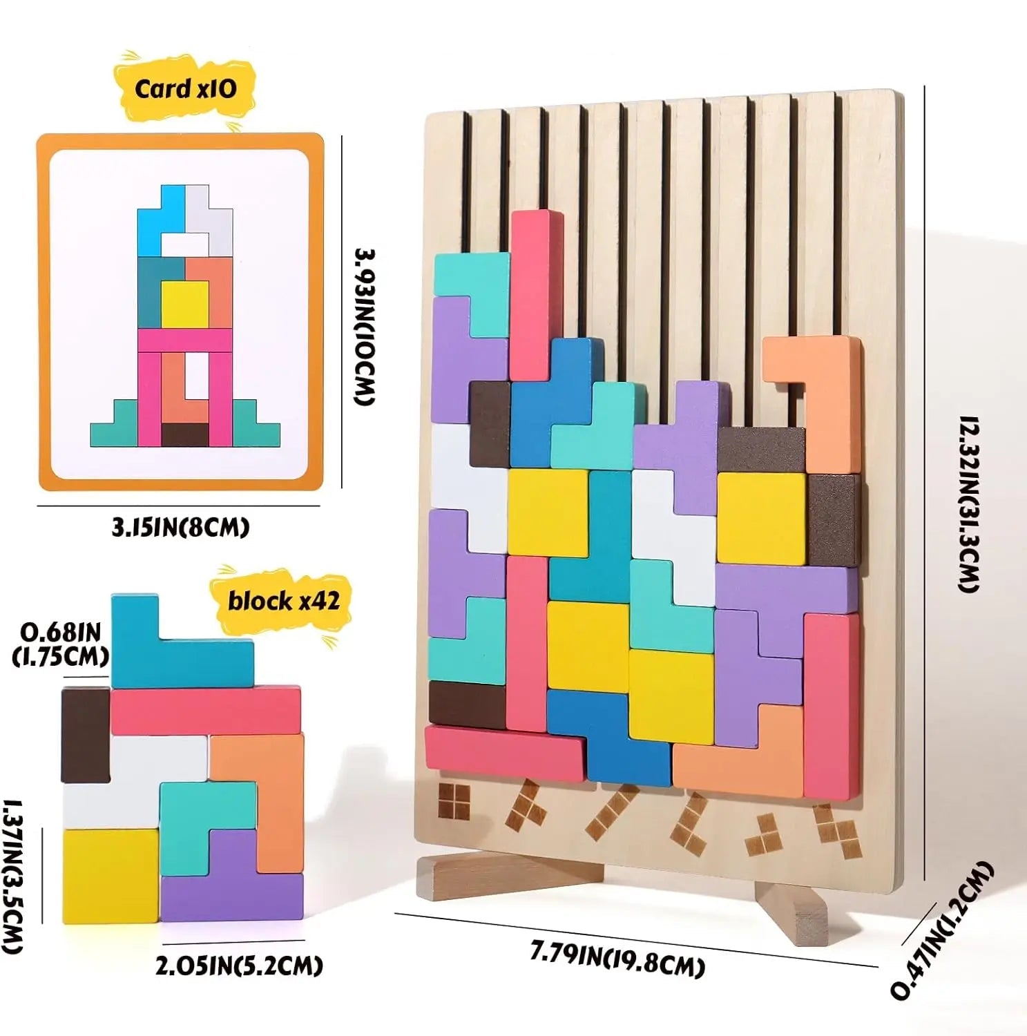 Blocos de Madeira Educativos 3D - Desafios Mentais Infantis Tetris