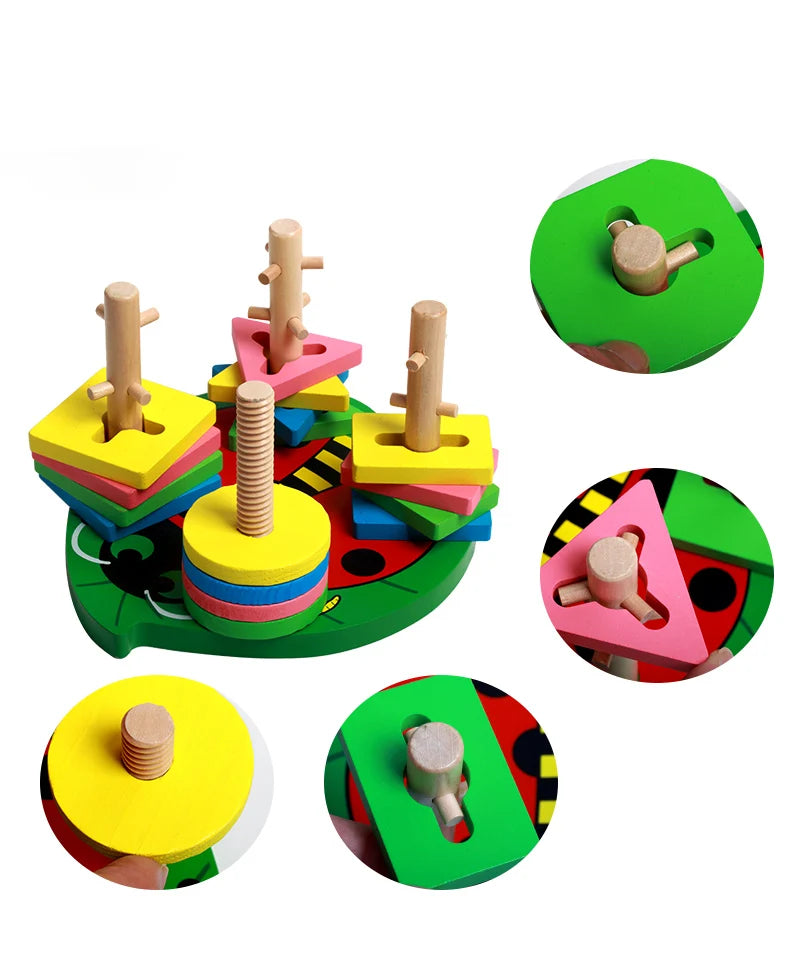 Blocos Geométricos de Encaixe em Madeira para Aprendizado de Formas e Cores