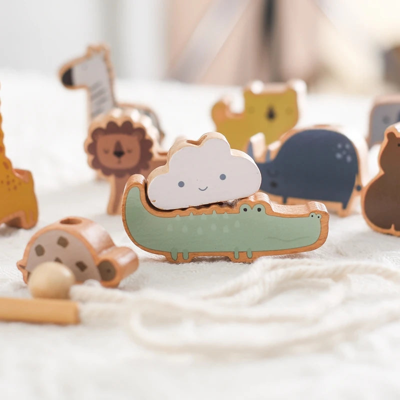 Bebê animal threading brinquedos de madeira empilhamento brinquedos blocos jogos de tabuleiro brinquedos de madeira bebê animal amarrando rosqueamento contas brinquedos presente