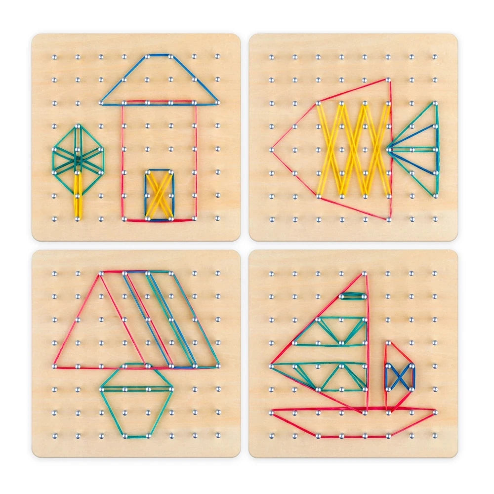 Geoplano Montessori de Madeira com Elásticos e Cartas
