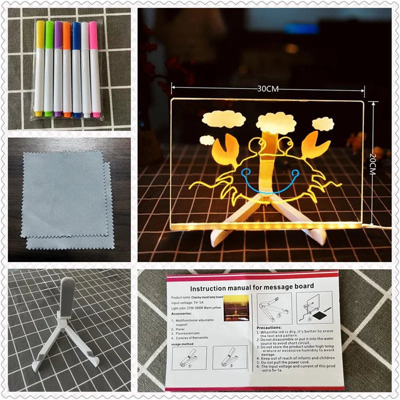 Prancheta de Desenho LED Acrílica Regravável para Crianças