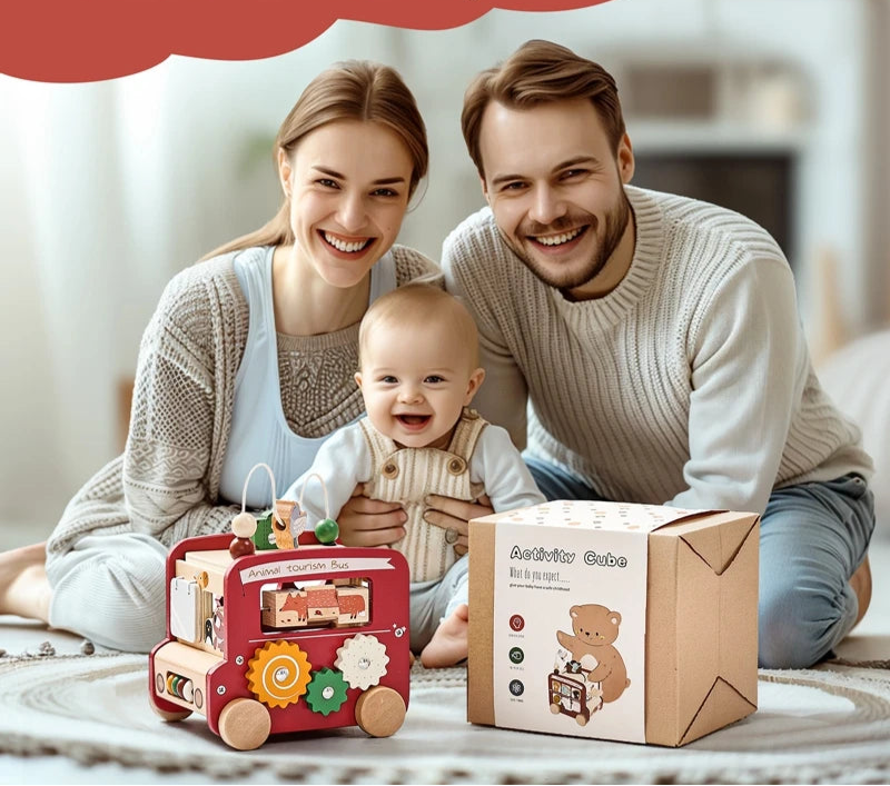Brinquedos de caixa ocupada de madeira para crianças, brinquedos do bebê montessori, jogos educativos, 5 em 1 ônibus, 0-12 meses