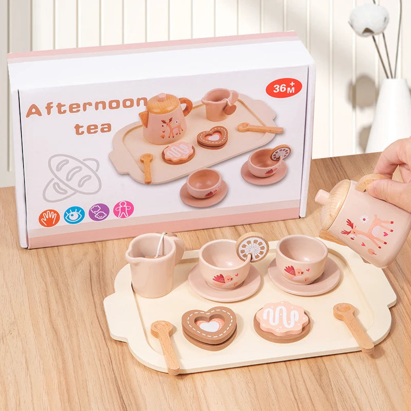 Conjunto de chá da tarde brinquedo de madeira fingir jogar comida aprendizagem role play jogo cedo brinquedos educativos para crianças meninas meninos crianças presentes