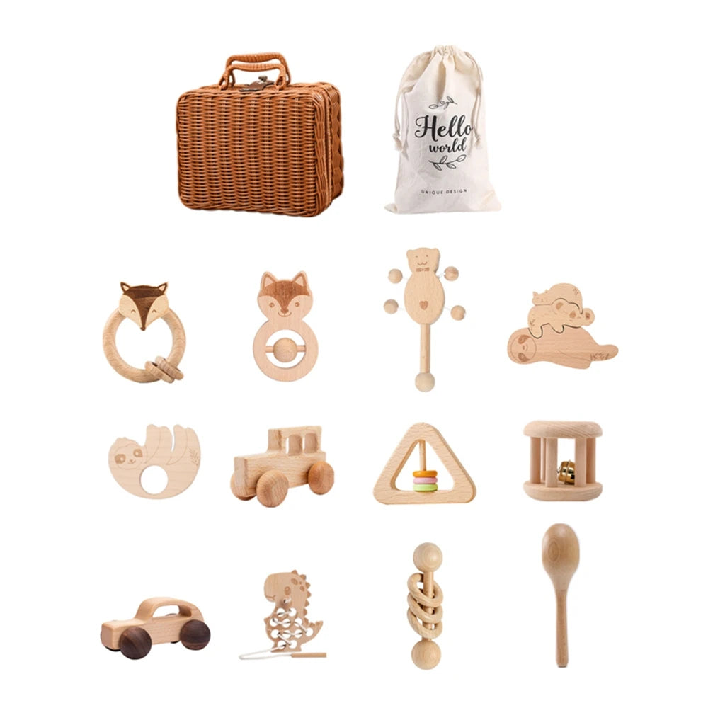 Kit Brinquedos Montessorianos de Madeira para Bebês na Cesta