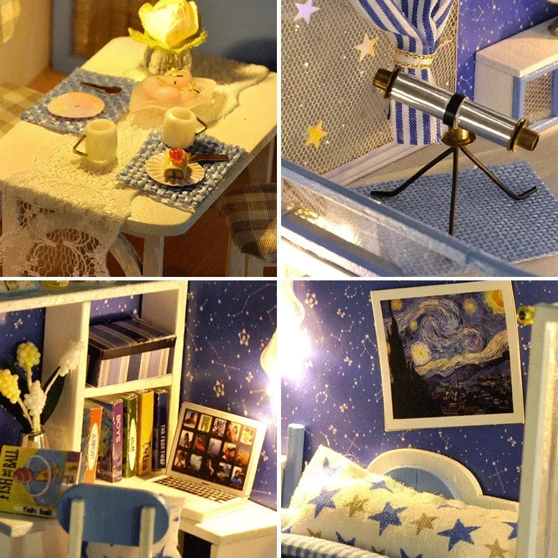 Casa de Boneca Musical com Luzes LED Móveis em Miniatura