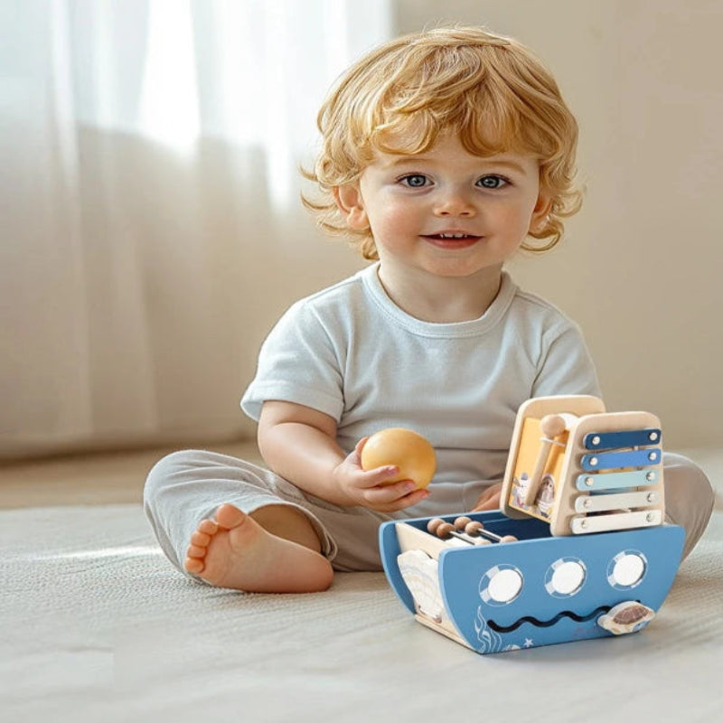 Navio Musical de Madeira Brinquedo Montessori 5 em 1