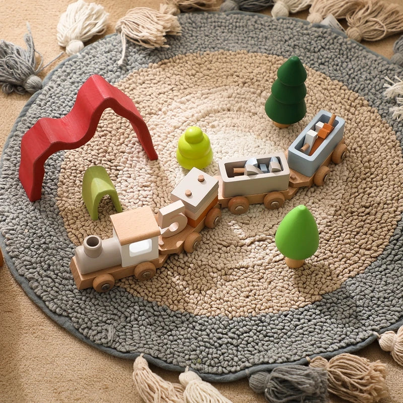 Brinquedo de trem montessori de madeira, fazenda de desenhos animados, oceano, floresta, animal, trem, jogo de empilhamento de madeira para bebê, brinquedo educacional precoce, presente para bebê