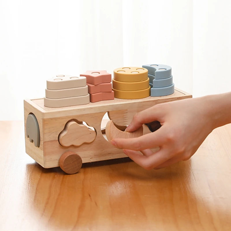 Blocos de Empilhamento de Madeira para Bebês, Carro Matching Learning, Forma Montessori, Blocos de Construção, Estrela e Lua, 0-3 Anos