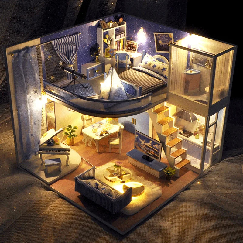 Casa de Boneca Musical com Luzes LED Móveis em Miniatura