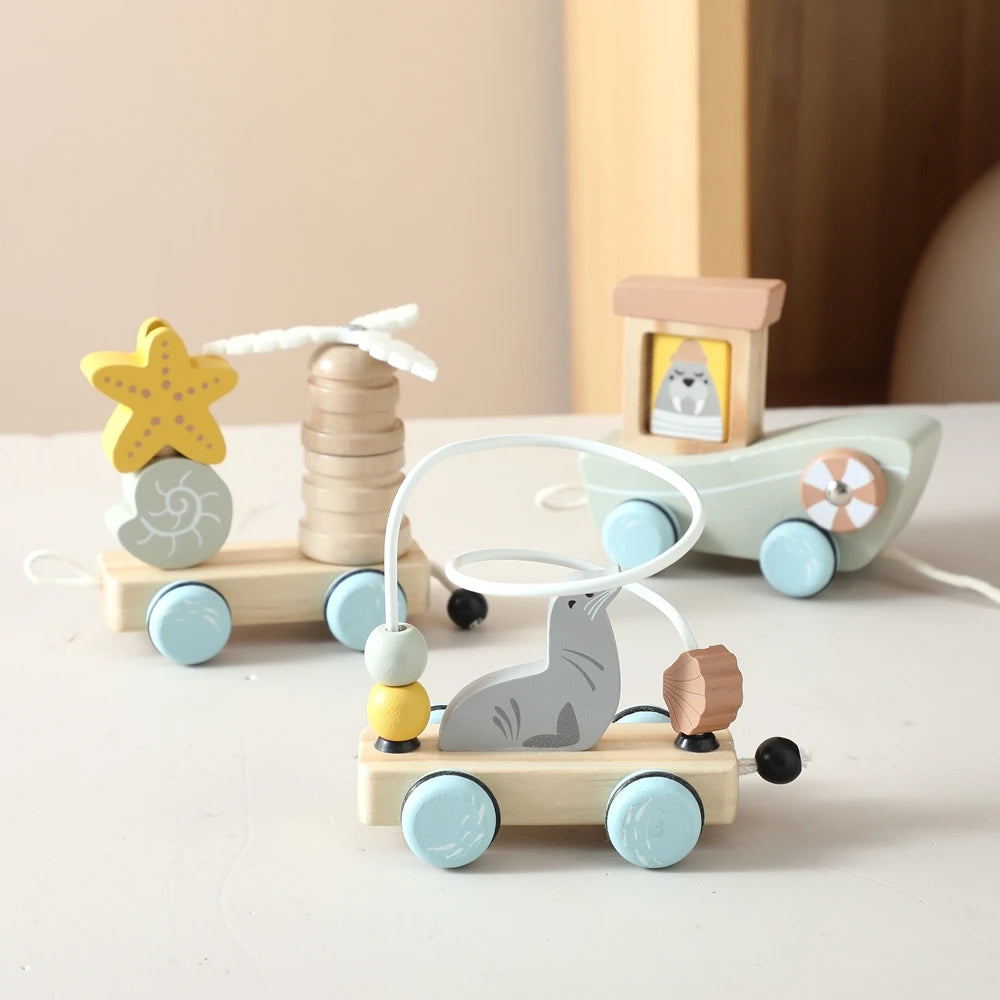Brinquedo de trem montessori de madeira, fazenda de desenhos animados, oceano, floresta, animal, trem, jogo de empilhamento de madeira para bebê, brinquedo educacional precoce, presente para bebê