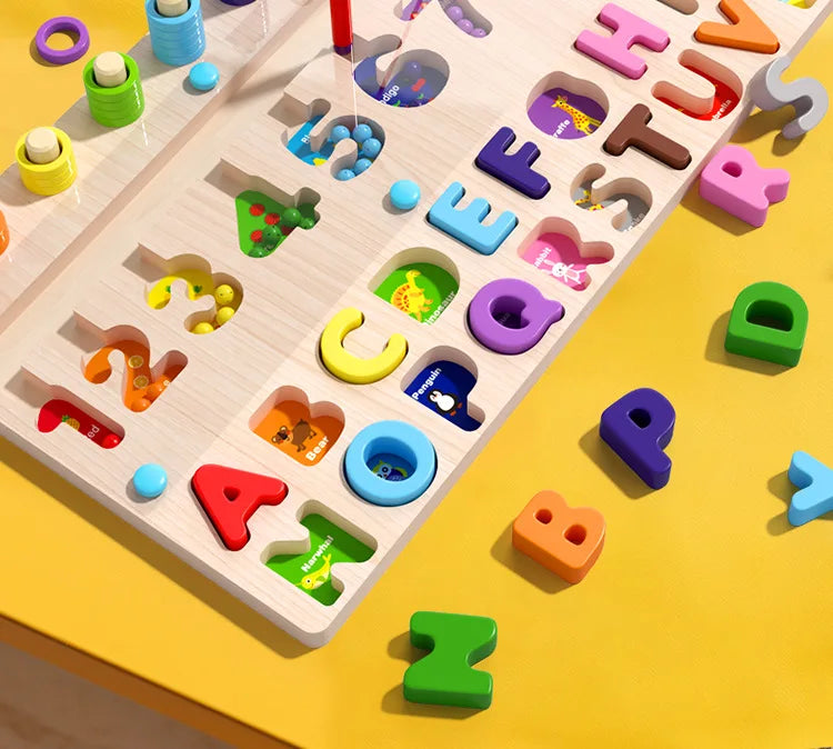 Brinquedo Educativo de Madeira Montessori - Tabuleiro Letras e Números