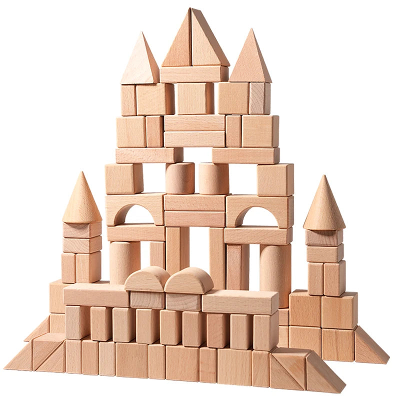 Blocos de Construção Montessori em Madeira Natural - 100 Peças