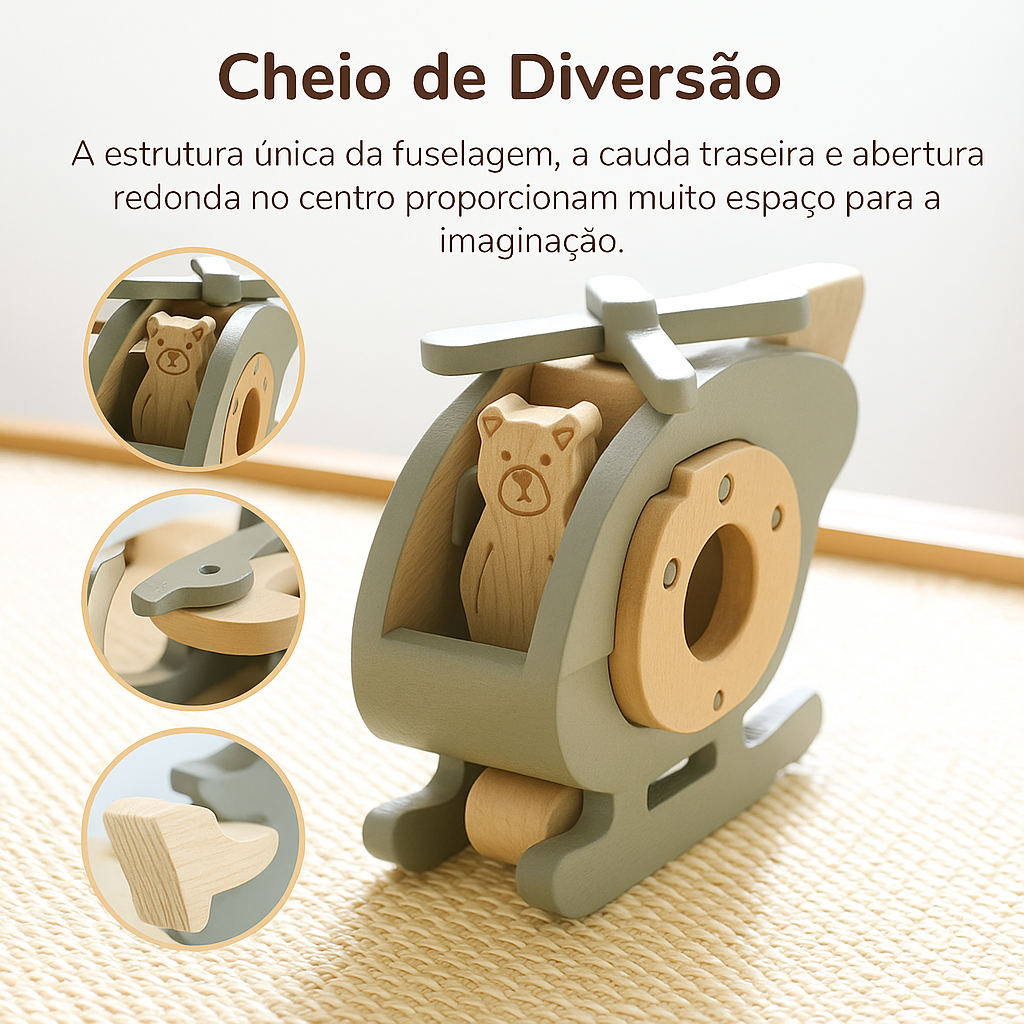 Helicóptero de Brinquedo Montessori de Madeira