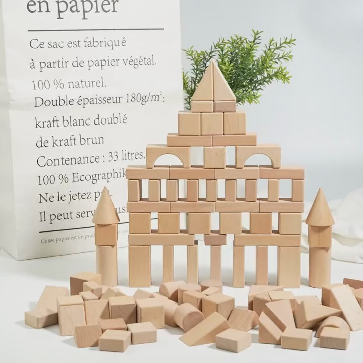 Blocos de Construção Montessori em Madeira Natural - 100 Peças
